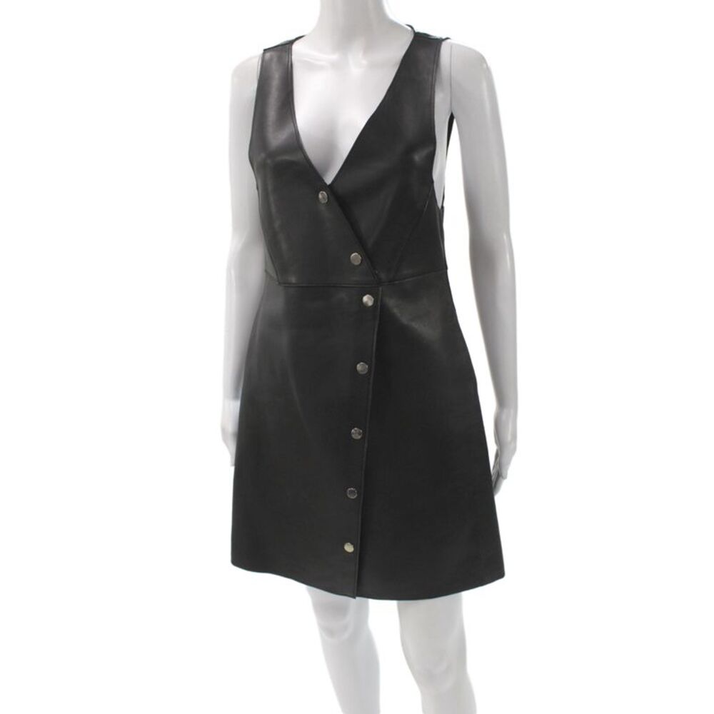 Maje Women Faux Leather Mini Dress Black V-Neck Sleeveless Knee Length Size 3